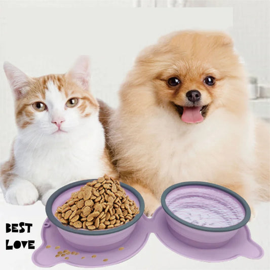 Portable Silicone Double Dog Food Bowls Foldable Non-Slip Pets Gym From House