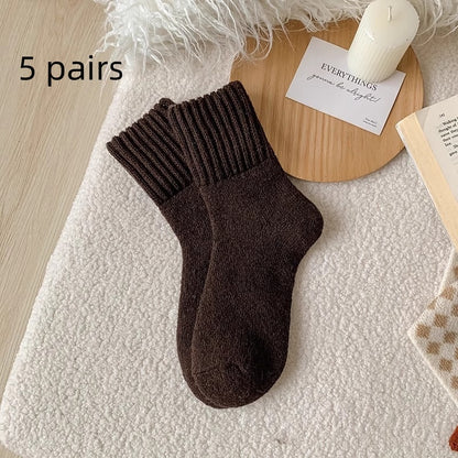 Ins Knitted Socks Winter Warm Thickened Solid Loop Socks Men null Deep Coffee 5 pairs Free Size