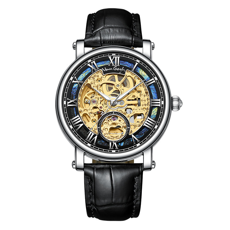 VAN GOGH Starry Night Series Blue Dial Skeleton Watch Jewelry DealSniper.net MEQ1708 leather strap