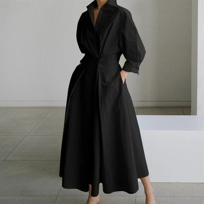 Long-sleeve Blouse Elastic Waist Swing Dress Women DealSniper.net Black 4XL