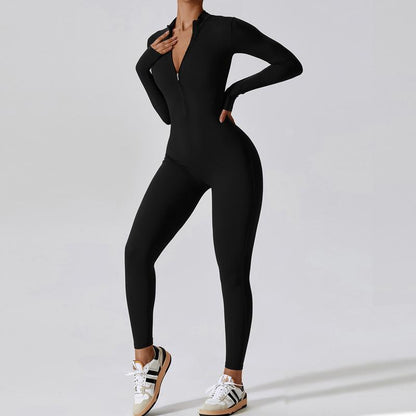 Zipper Long Sleeve Jumpsuit Yoga Fitness Training Pants