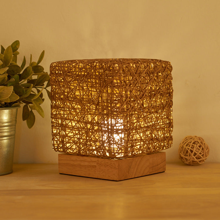 Hand-Knit Dimmable Square LED Desk Lights Wood House dealsniper-net Coffee color Button base