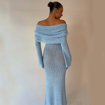 New One-shoulder Knitted Long-sleeved Dress Sexy Beach Women dealsniper-net Blue L