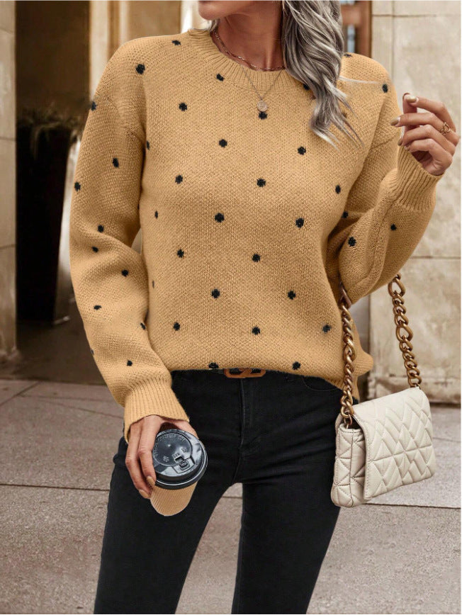 Ins Polka Dot Print Pullover Sweater Fashion Casual Long-sleeved Women null Camel L