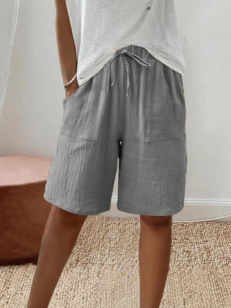 Linen Cotton Shorts, Solid Color Casual Shorts Tie Detail Shorts Women DealSniper.net