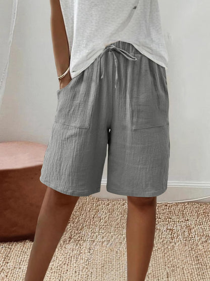 Linen Cotton Shorts, Solid Color Casual Shorts Tie Detail Shorts Women DealSniper.net