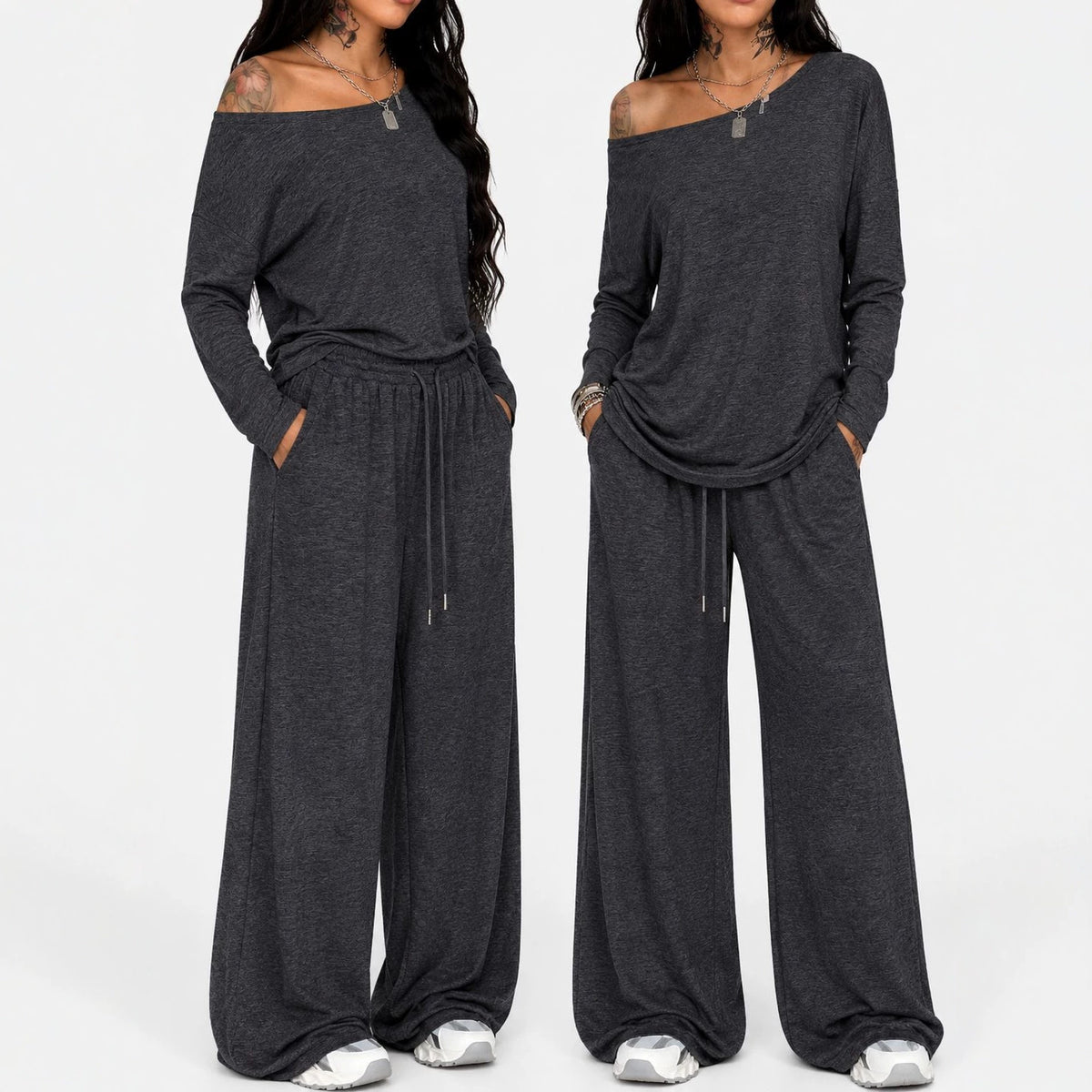 2 Pieces Set Women's Long Sleeve Solid Color T-Shirt Tees Women Gym From House