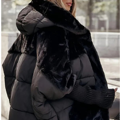 Women's Loose Cotton Coat Faux Fur Patchwork Winter Coat Women null Black L