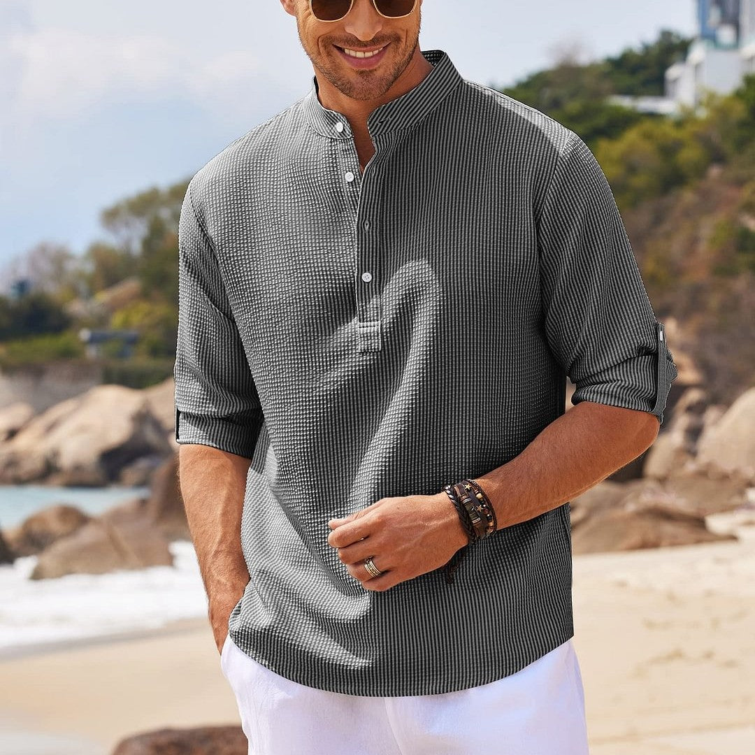 Men's Casual Shirt Long Sleeve Stand Collar Solid Color Shirt Mens Clothing Men dealsniper-net