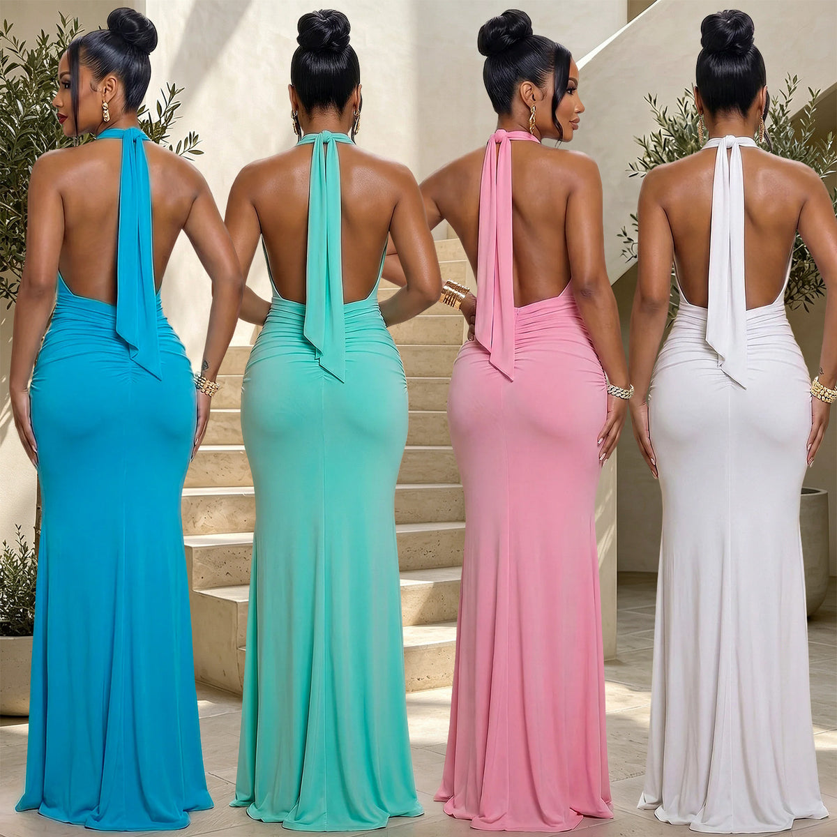 New Women's Halter Deep V Ruffled Mermaid Evening Party Dress Women Gym From House