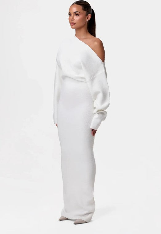 Ins Slim Long Sleeve Knitted Dress Evening Party Dresses Women Gym From House White L