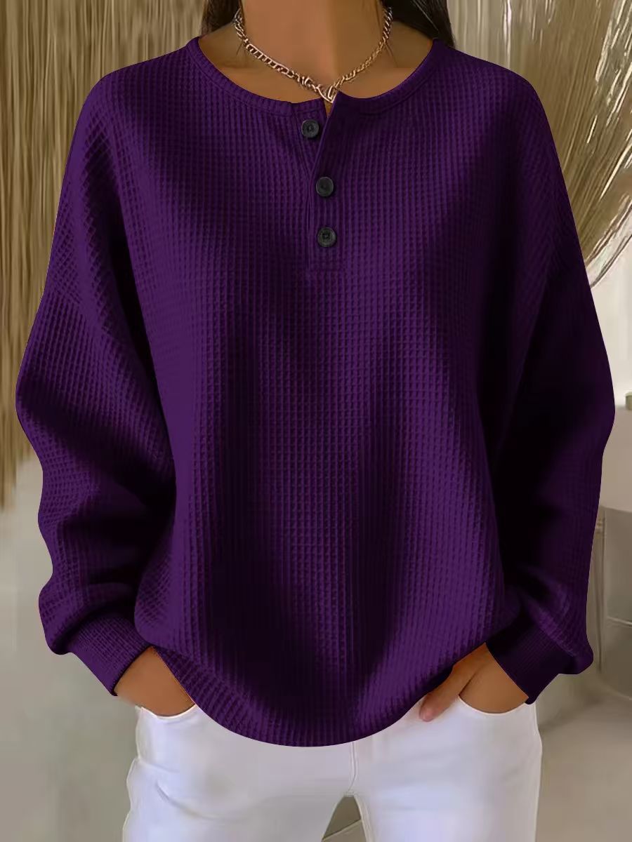 Ins Waffle Long-sleeved T-shirt Fashion Solid Color Buttons Women Gym From House Purple 2XL