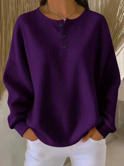 Ins Waffle Long-sleeved T-shirt Fashion Solid Color Buttons Women Gym From House Purple 2XL