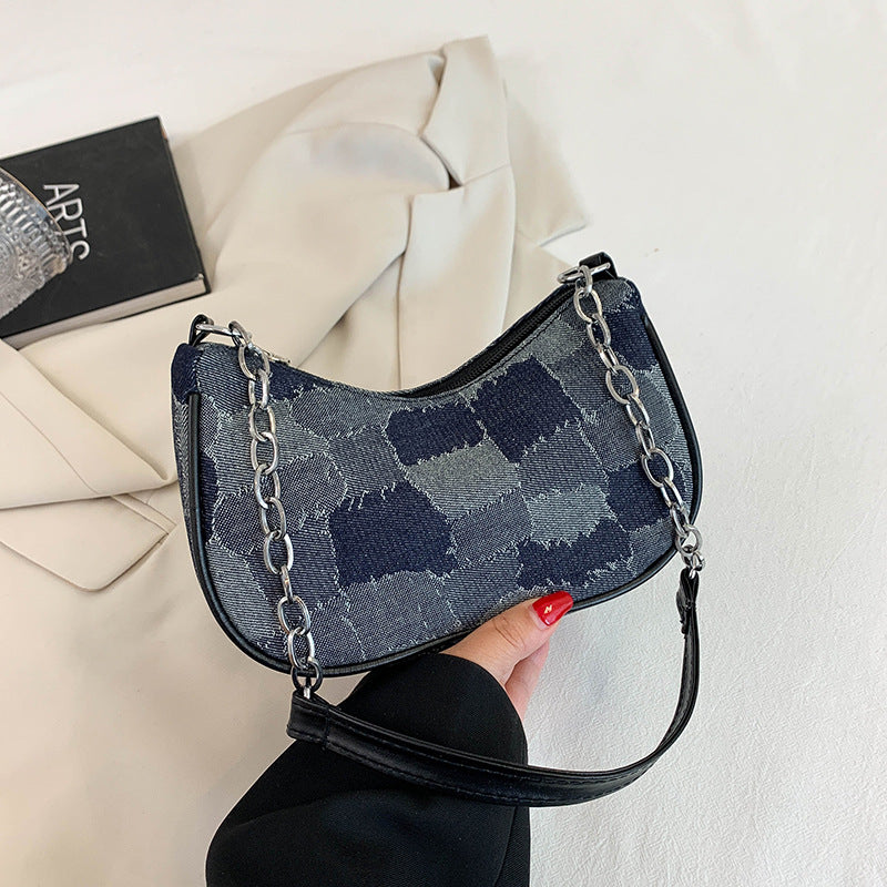 Denim Shoulder Bag Simple Plaid Patchwork Bag Women DealSniper.net Black