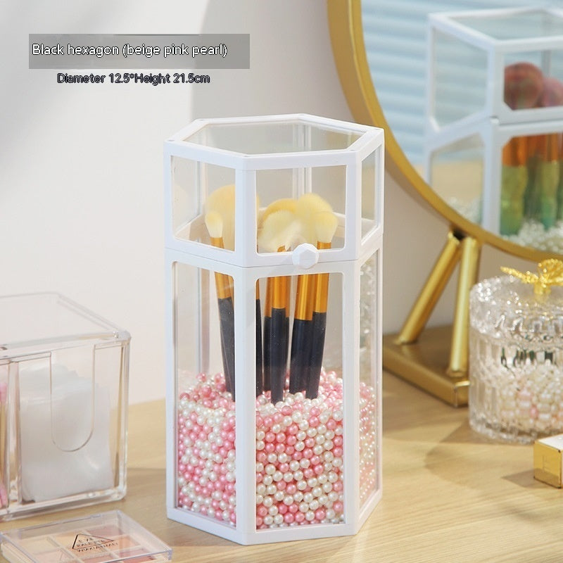 Makeup Brush Glass Storage Container Dustproof Cover Beauty dealsniper-net White Hexagon Pink White Pearl