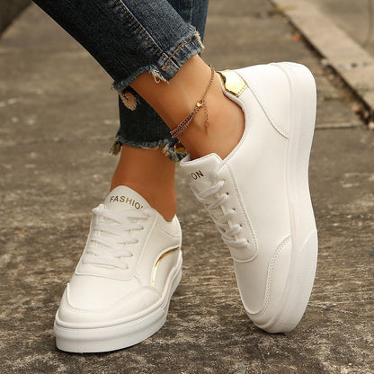 Lace-up White Flats Shoes Fashion Round Toe Slip-on Thick