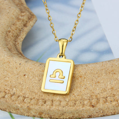 Stainless Steel Square Shell Zodiac Necklace Jewelry dealsniper-net Libra White