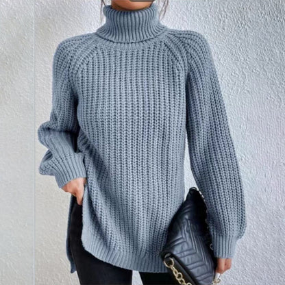 Turtleneck Pullover Sweater With Split Design Fashion Simple