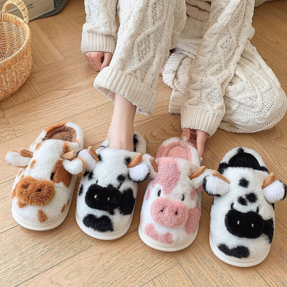 Cute Cartoon Cow Plush Slippers Winter Warm Indoor Shoes