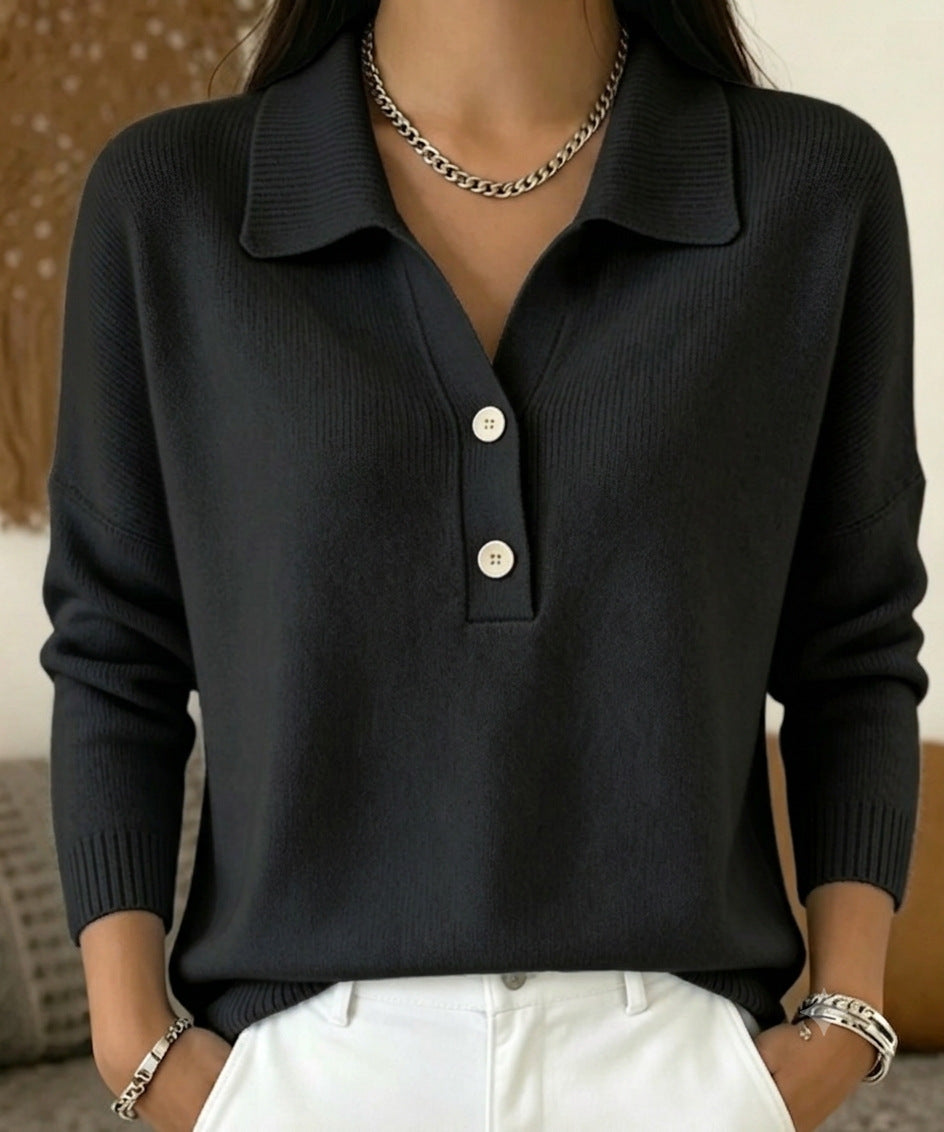 Women 's Polo Collar Knit Sweater Half Button V Neck Solid Color Women Gym From House Black 2XL