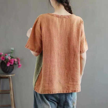 Cotton Linen Contrast Color T-shirt Artistic Design Half Sleeve Women Women dealsniper-net