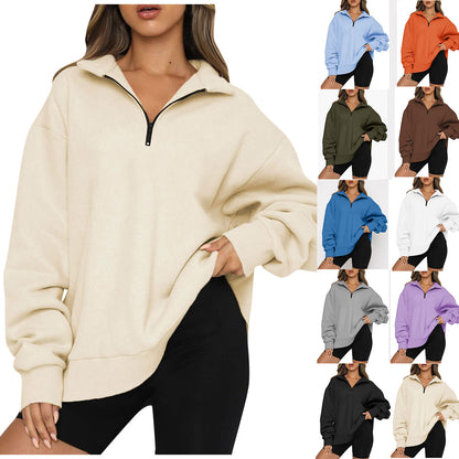 Women Sweatshirts Zip Turndown Collar Loose Casual Tops Clothes Women dealsniper-net