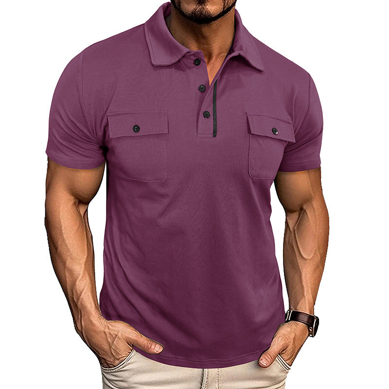 Summer Lapel Button Polo Shirt With Pockets Outdoor Fashion Men DealSniper.net Purplish Red L