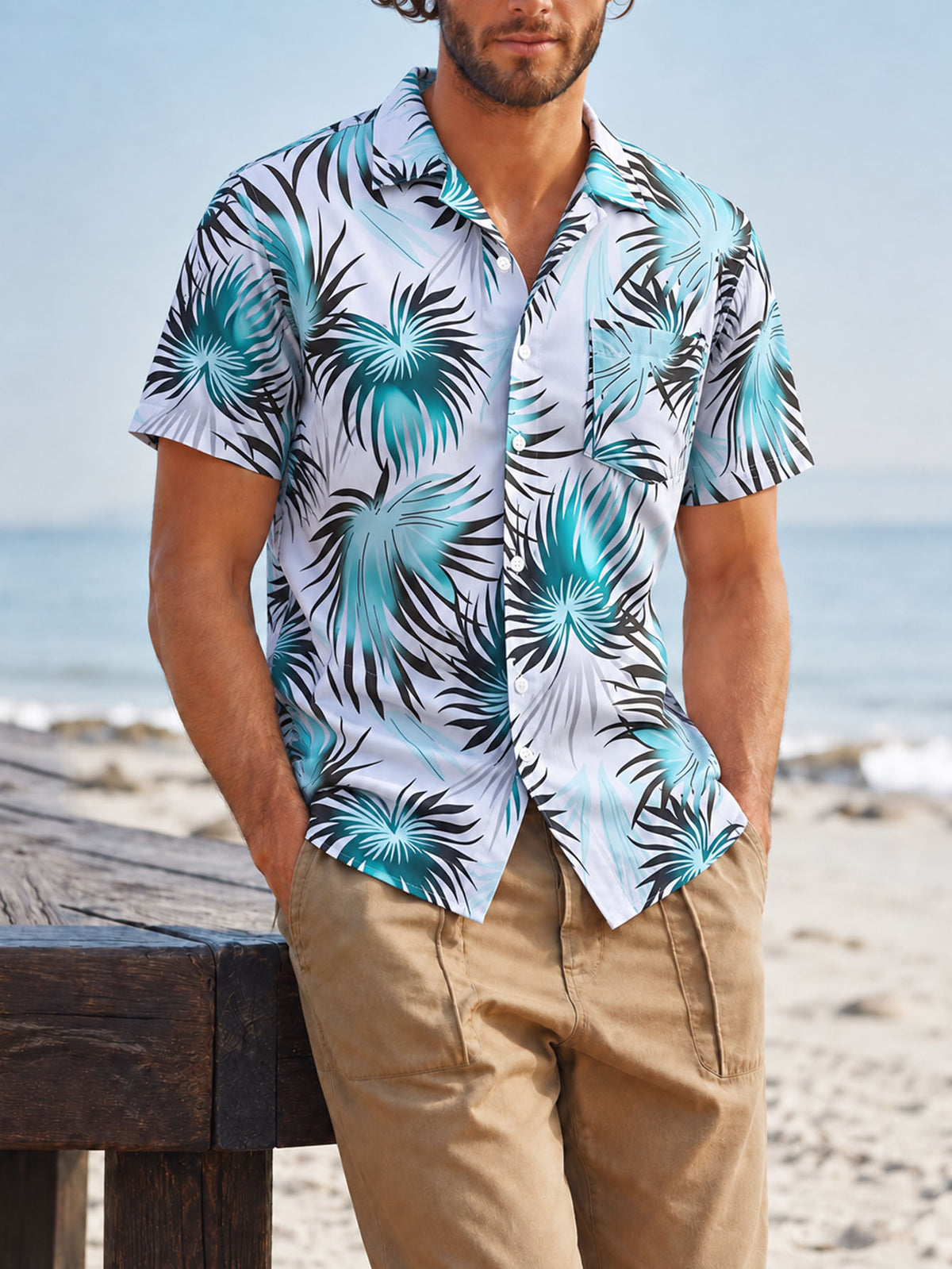 Trendy Men's Resort Wear All-Over Tropical Print Button-Up Shirt Men Gym From House White Leaves 2XL