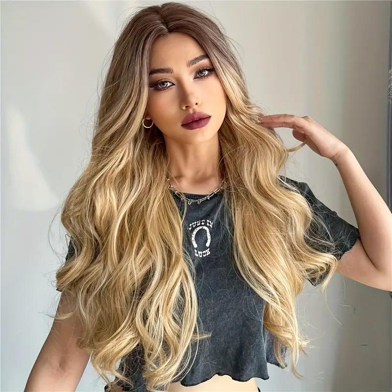 26 Inch Long Ash Blonde Wig With Bangs Natural Wavy Hair