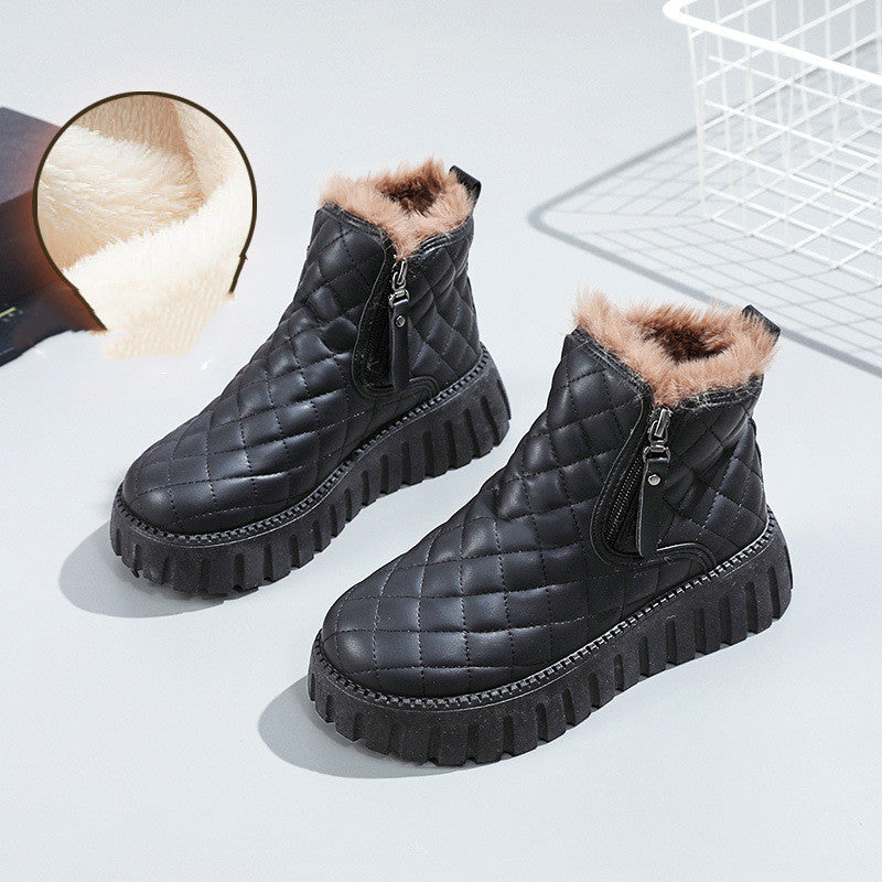 Women's Plaid Pattern Platform Ankle Boots Casual Side Zipper Plush Lined Snow Boots Winter Comfortable Short Boots Women DealSniper.net Black Size35
