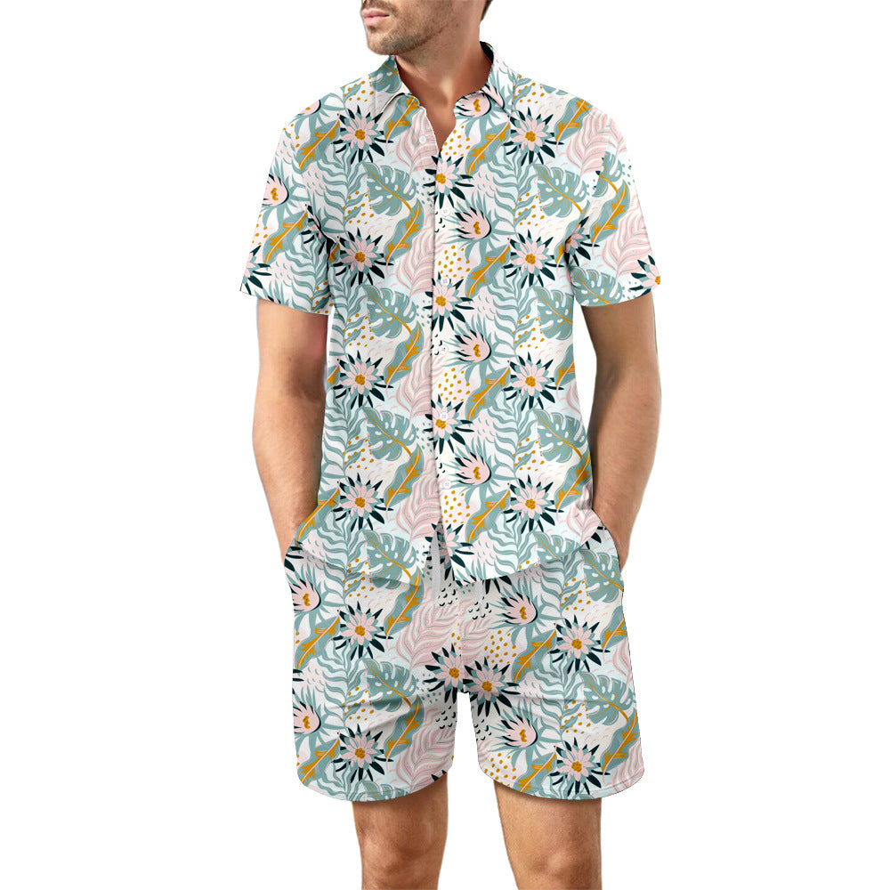 2Pcs Printed Beach Shirt Summer Suit Loose Lapel Button Men DealSniper.net DCS07DXCS4 2XL