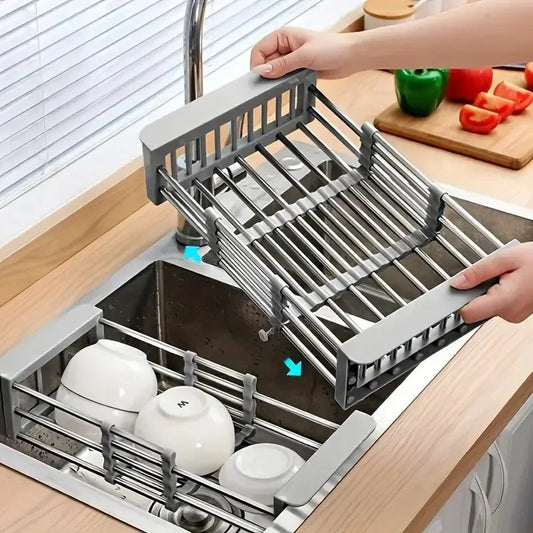 Adjustable Immersion Sink Dish Drying Rack With Stainless Steel Drain Basket - Portable And Retractable Space-Saving Fruit And Vegetable Solution Kitchen dealsniper-net Silver