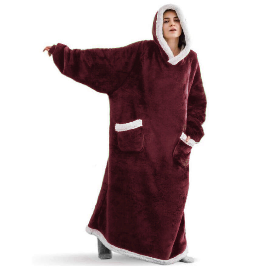 Super Long Flannel Blanket With Sleeves Winter Hoodies Sweatshirt Women dealsniper-net Wine Red Extra length 150cm