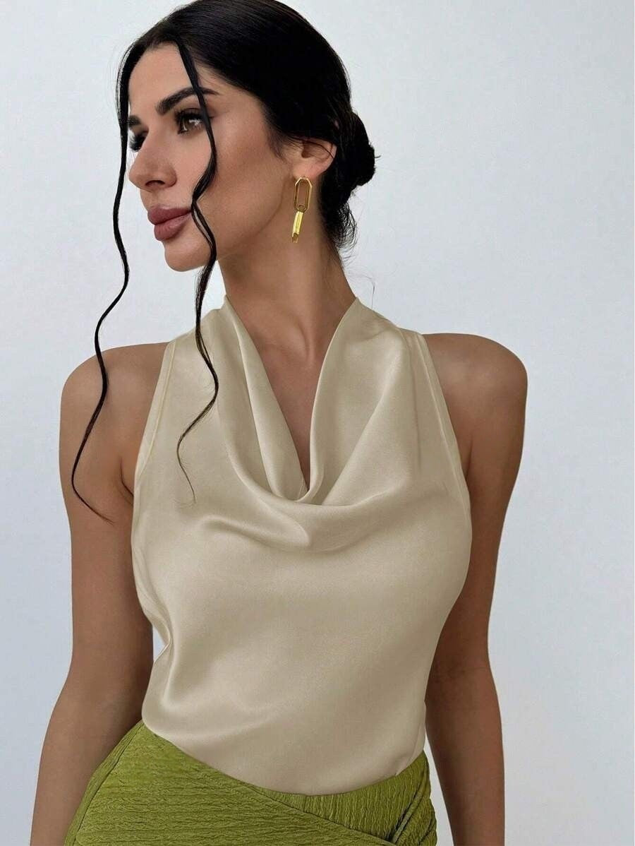 Women Solid Color Swing Collar Sleeveless Vest Trendy Women Gym From House Apricot L
