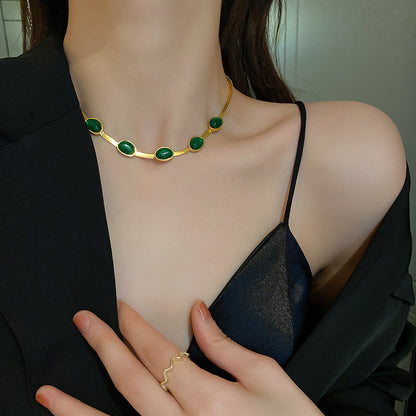 Titanium Steel Vintage Emerald Blade Chain Necklace Women Jewelry dealsniper-net Green Necklace 45.3cm