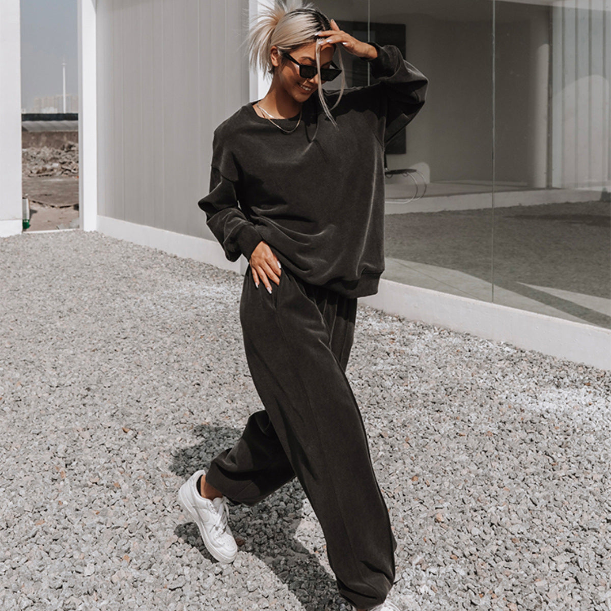 New Women's Loose Sports Casual Sweater Suit Women Gym From House Black L