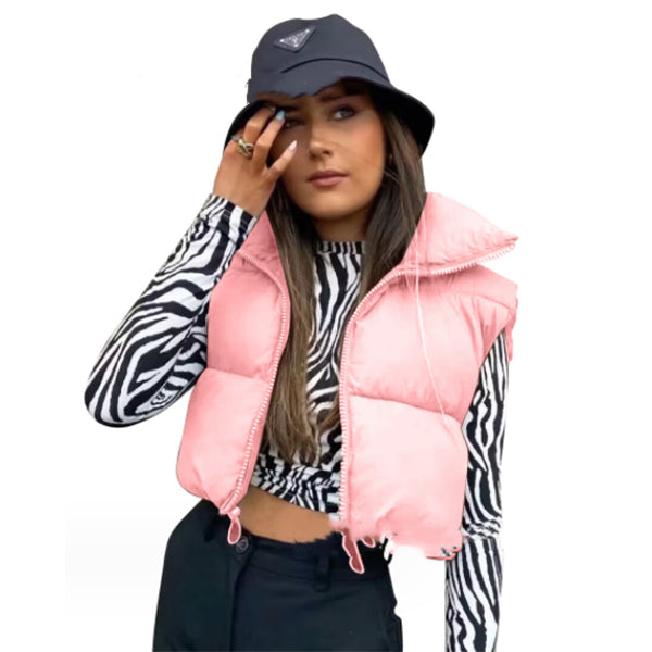 Winter Short Vest For Women Solid Color Zip Sleeveless Lapel Jacket Fashion Bread Coat Women dealsniper-net Pink 2XL