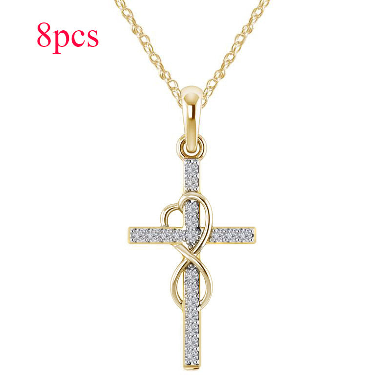 Alloy Pendant With Diamond And Eight-character Cross Necklace Jewelry dealsniper-net Gold 8PC