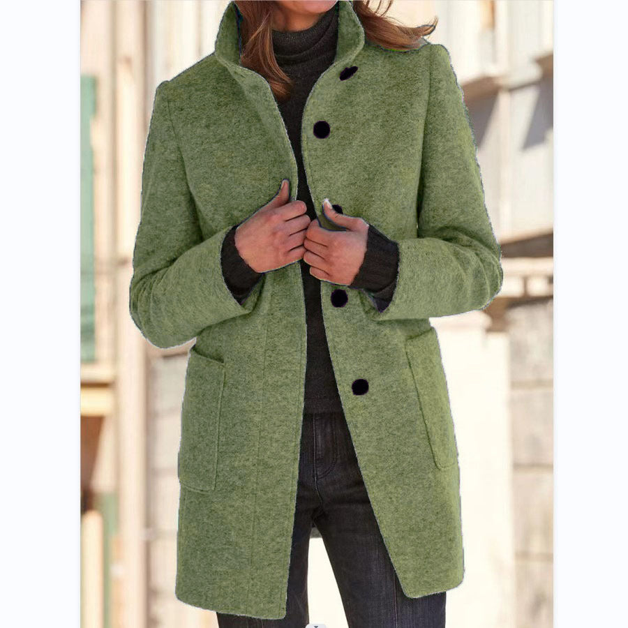 Fashion Stand Collar Woolen Coat With Pockets Fall Winter Women dealsniper-net Bean Green 2XL