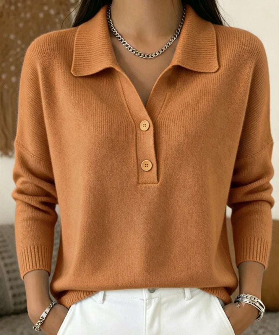 Women 's Polo Collar Knit Sweater Half Button V Neck Solid Color Women Gym From House Coffee 2XL