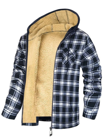 Men's Plaid Print Hooded Zip-Up Jacket Winter Coat Clothing