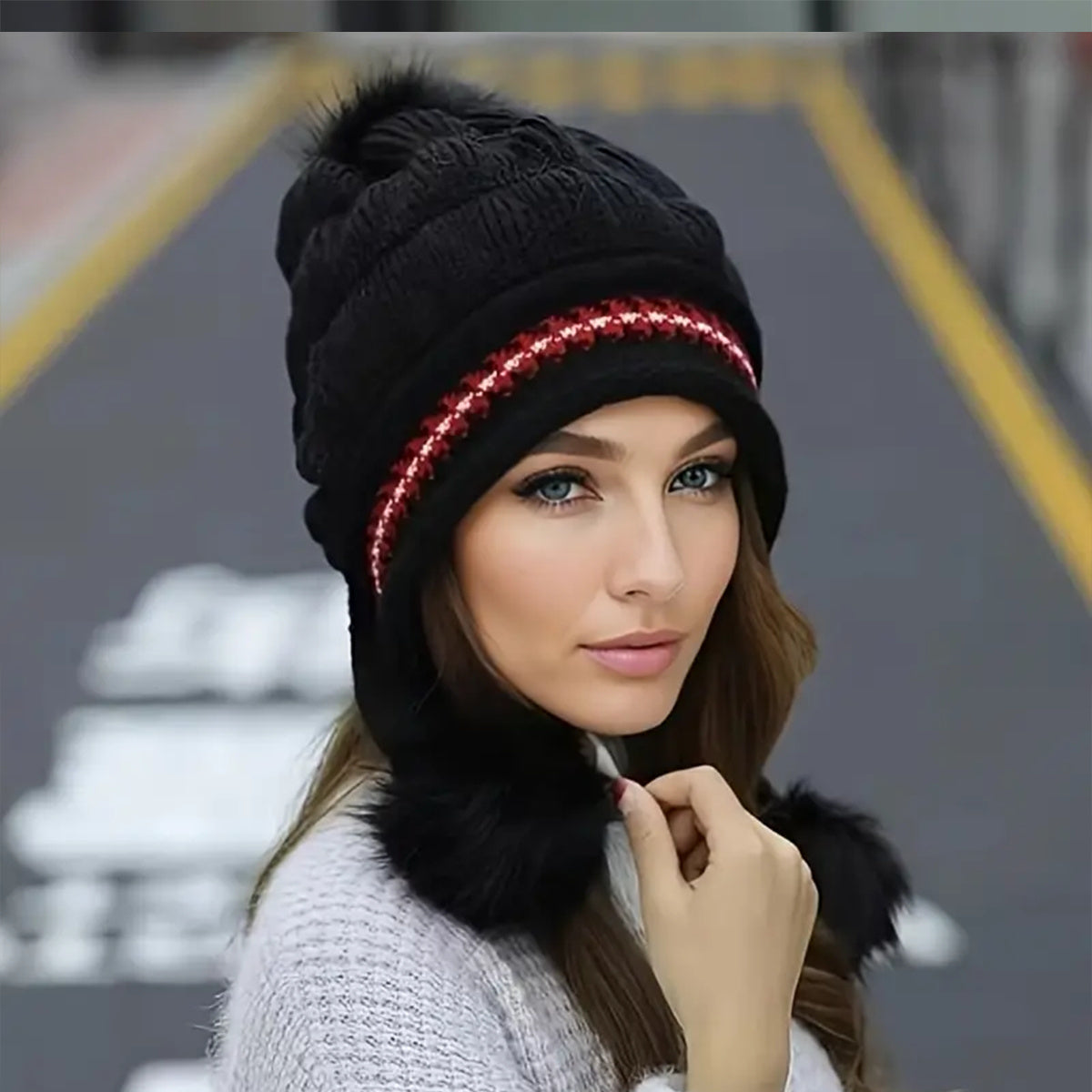 Cozy Knit Fleece-Feel Beanie With Ear Flaps & Pompom