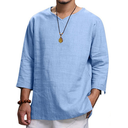 Loose Casual V-neck Top Cotton And Linen Long Sleeve Men DealSniper.net Light Blue 2XL