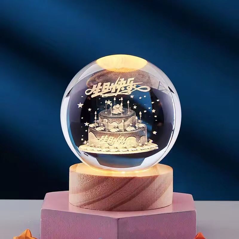 Crystal Ball 3D Inner Carved Solar System Glowing Night Lights Home Decor dealsniper-net Birthday Cake 6CM Ball And Base