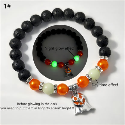 Halloween Gift Luminous Little Ghost Natural Volcano Bracelet Jewelry dealsniper-net 1 Orange Beads Green Light