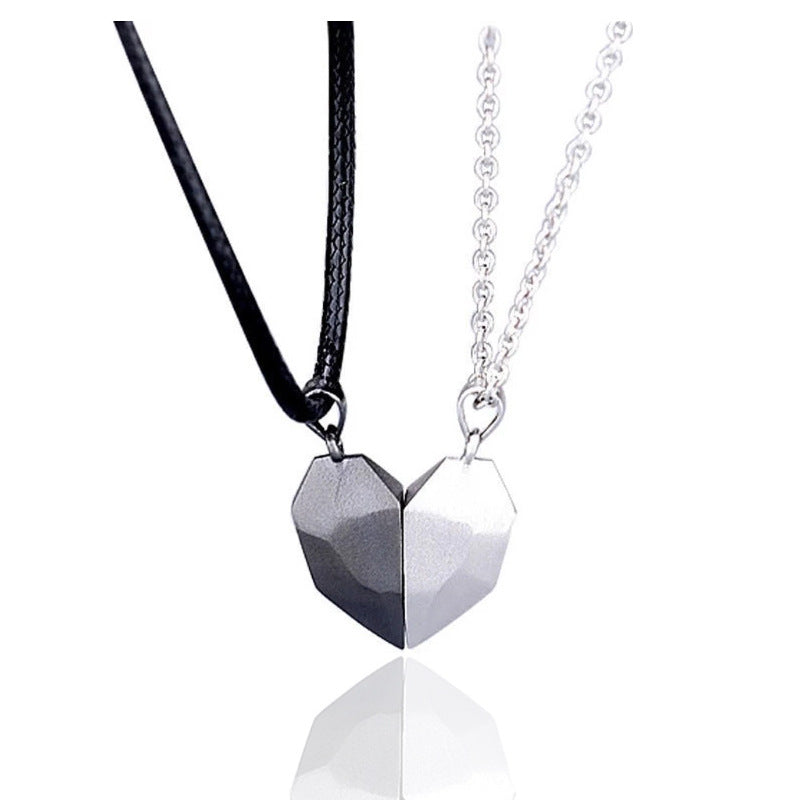 Minimalist Lovers Matching Friendship Heart Pendant Couple Magnetic Distance Faceted Heart Pendant Necklace Couple Jewelry Jewelry dealsniper-net Black white