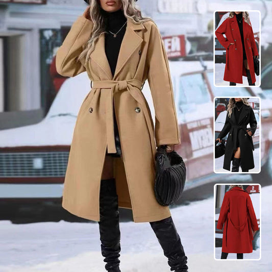 Lapel Double-breasted Trench Coat With Belt Winter Fashion