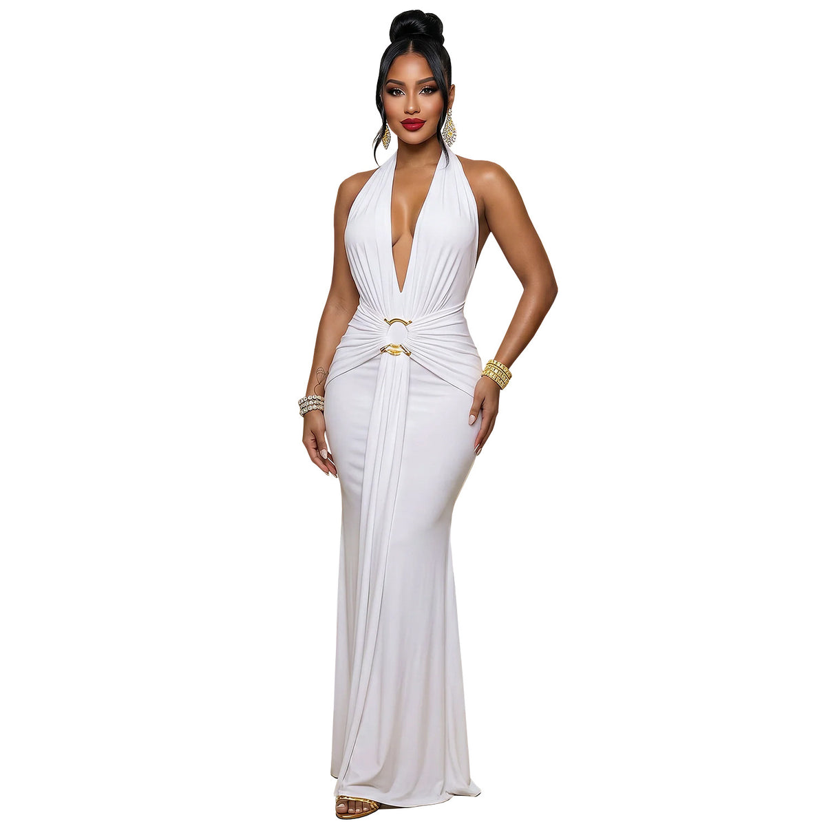 New Women's Halter Deep V Ruffled Mermaid Evening Party Dress Women Gym From House White L