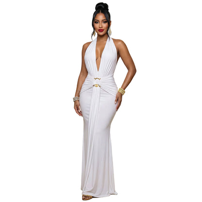 New Women's Halter Deep V Ruffled Mermaid Evening Party Dress Women Gym From House White L