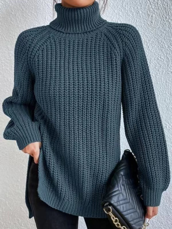 Turtleneck Pullover Sweater With Split Design Fashion Simple